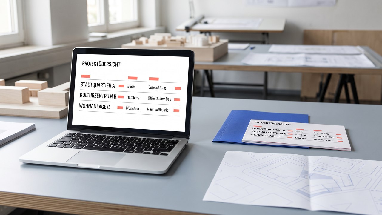Beispiel einer aufbereiteten Projektübersicht auf einem Laptop und als gedruckte Auswahl
