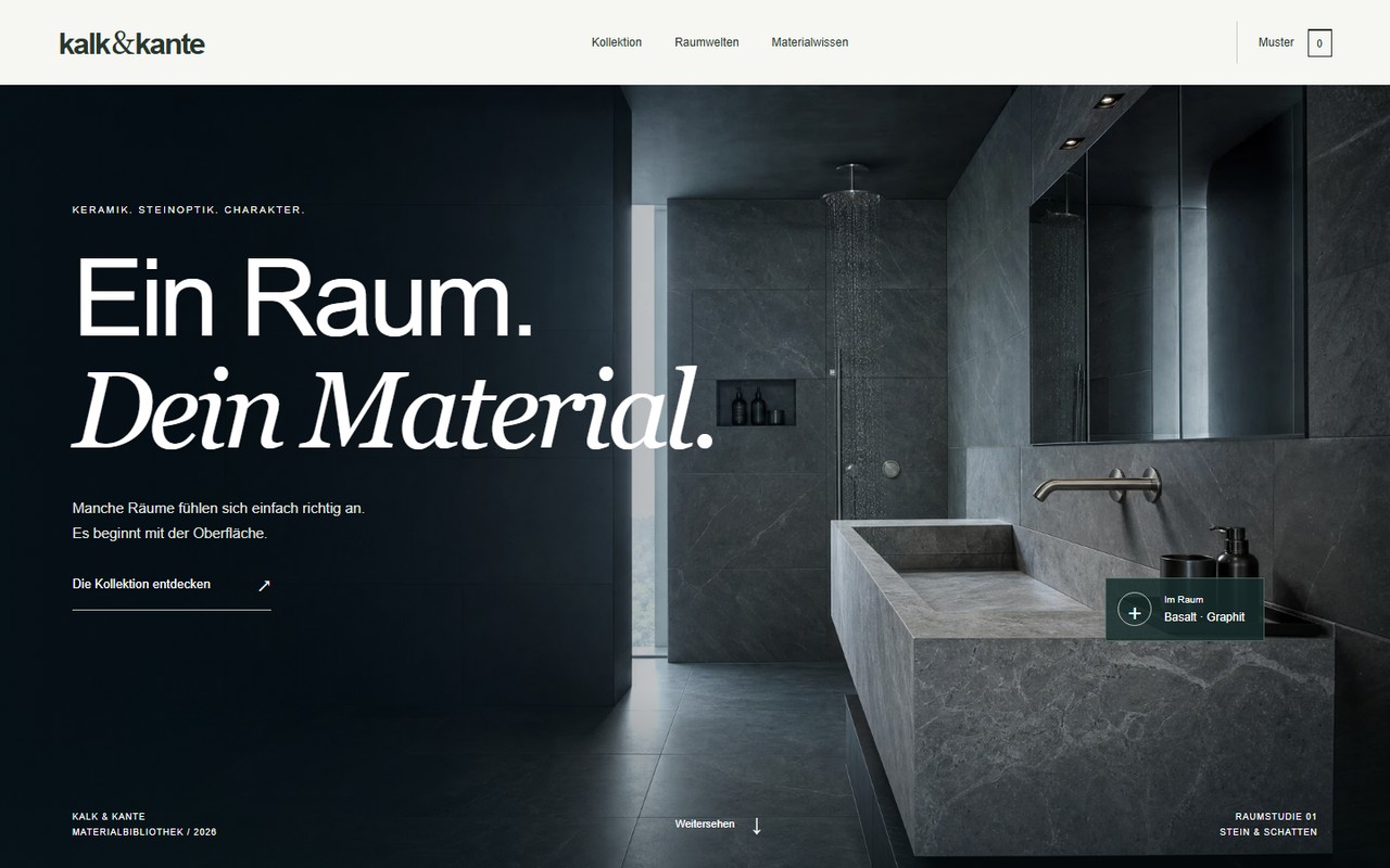 Kalk & Kante: Website mit großem Raummotiv und dem Einstieg Ein Raum. Dein Material.