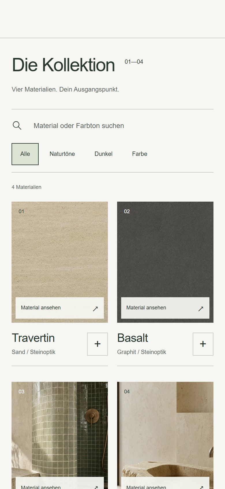 Mobile Ansicht des Kalk & Kante Materialkatalogs mit Farbauswahl und Produktkarten