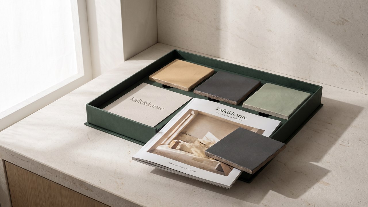 Kalk & Kante: inszenierte Materialmuster mit Verpackung und Lookbook