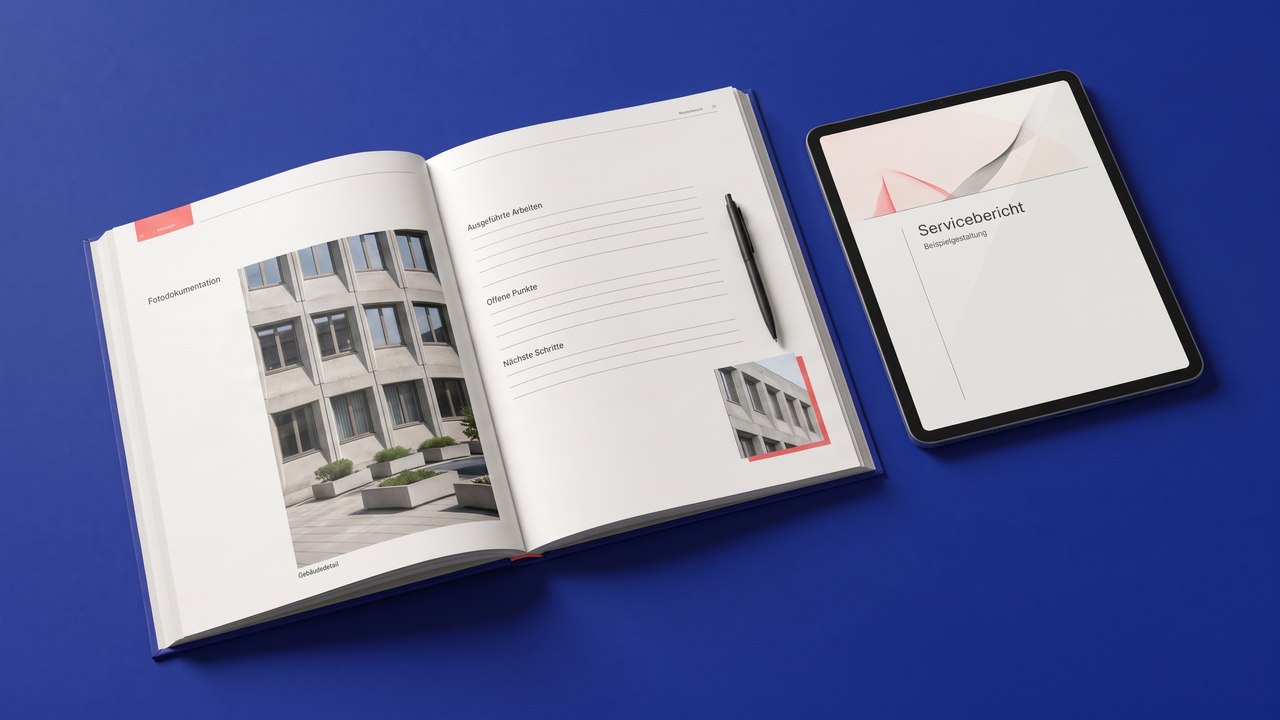 Gestalteter Musterbericht mit Fotodokumentation, klaren Abschnitten und passender Tablet-Ansicht